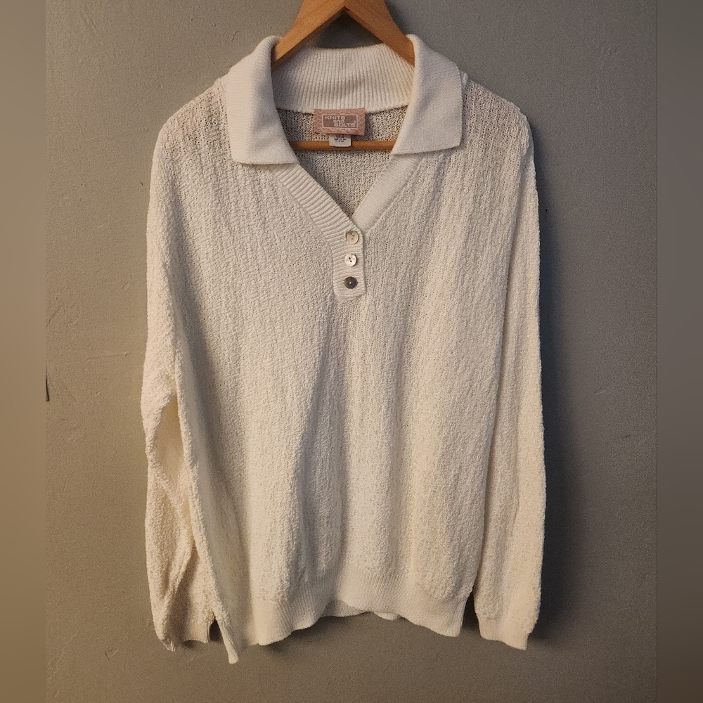 Vintage 1980s White Henley Button Collared Long-Sleeve Sweater Knits & Bolts